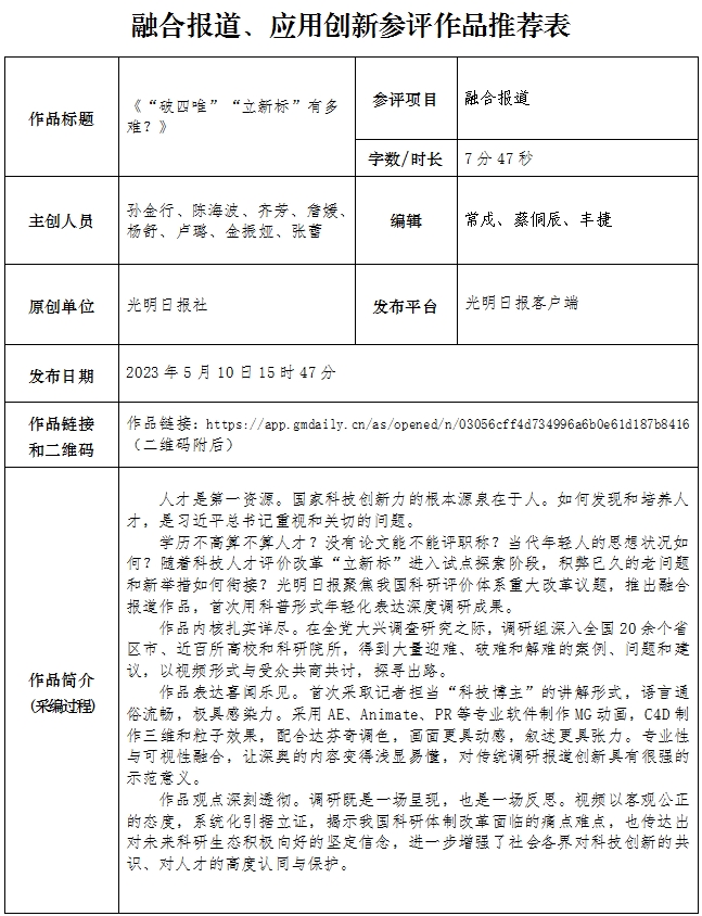 光明日报推荐参评第34届中国新闻奖融合报道、应用创新作品《“破四唯”“立新标”有多难？》公示