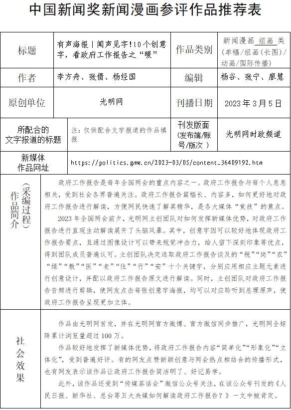 中国新闻奖新闻漫画参评作品《有声海报丨闻声见字！10个创意字，看政府工作报告之“暖”》公示