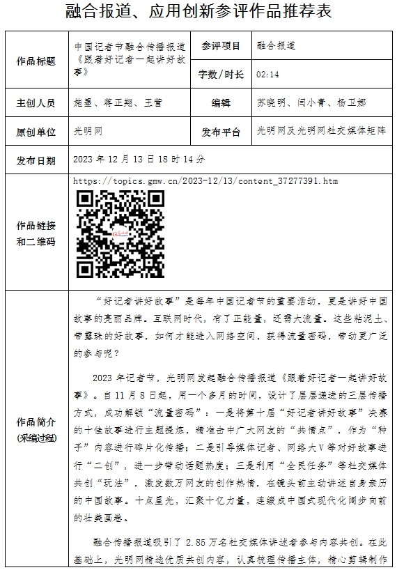 光明日报推荐参评第34届中国新闻奖融合报道、应用创新作品《中国记者节融合传播报道<跟着好记者一起讲好故事>》公示