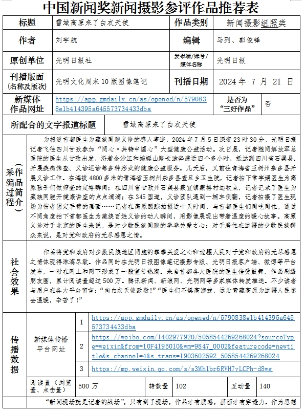 中国新闻奖新闻摄影组照类《雪域高原来了白衣天使》公示 中国新闻奖新闻摄影组照类《雪域高原来了白衣天使》公示