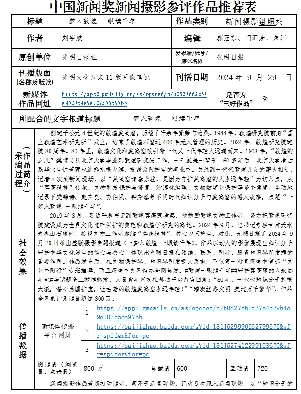 中国新闻奖新闻摄影组照类《一梦入敦煌 一眼续千年》公示
