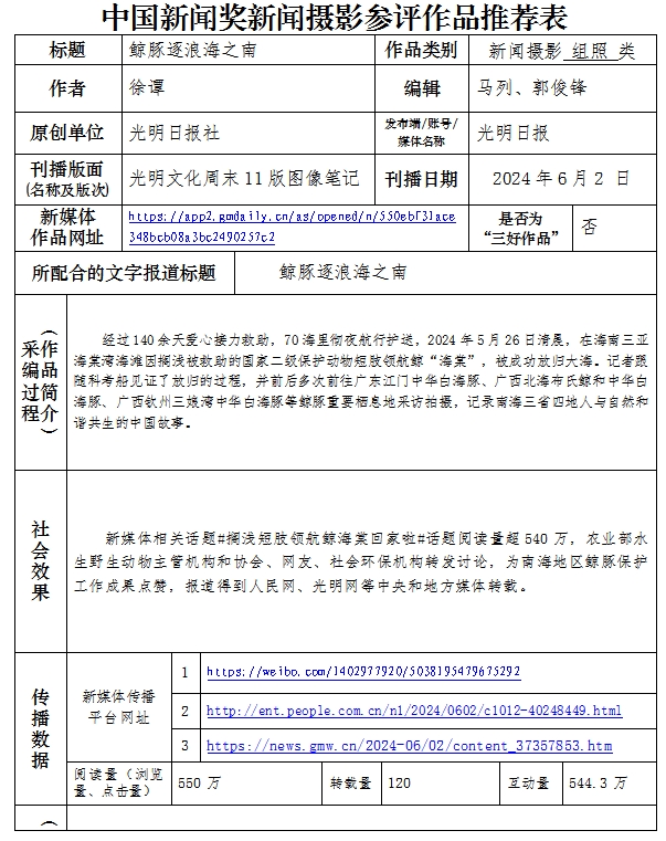 中国新闻奖新闻摄影组照类《鲸豚逐浪海之南》公示