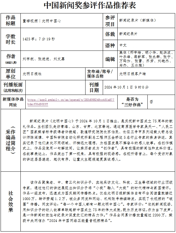 中国新闻奖新闻纪录片（新媒体）《重磅视频丨光明中国心》公示