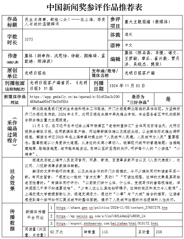 中国新闻奖重大主题报道（新媒体）《民生点滴事，都挂心头！——在上海，感受人与城的温暖瞬间》公示