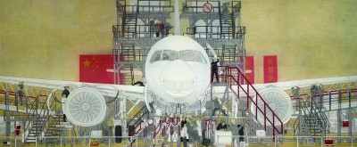 中国制造走向世界——C919大飞机（中国画）