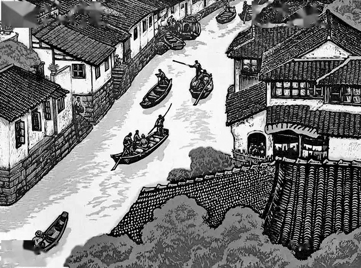 小镇水街（版画）