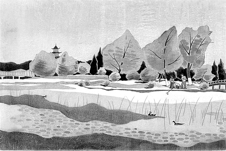 金山日照（水印木刻）